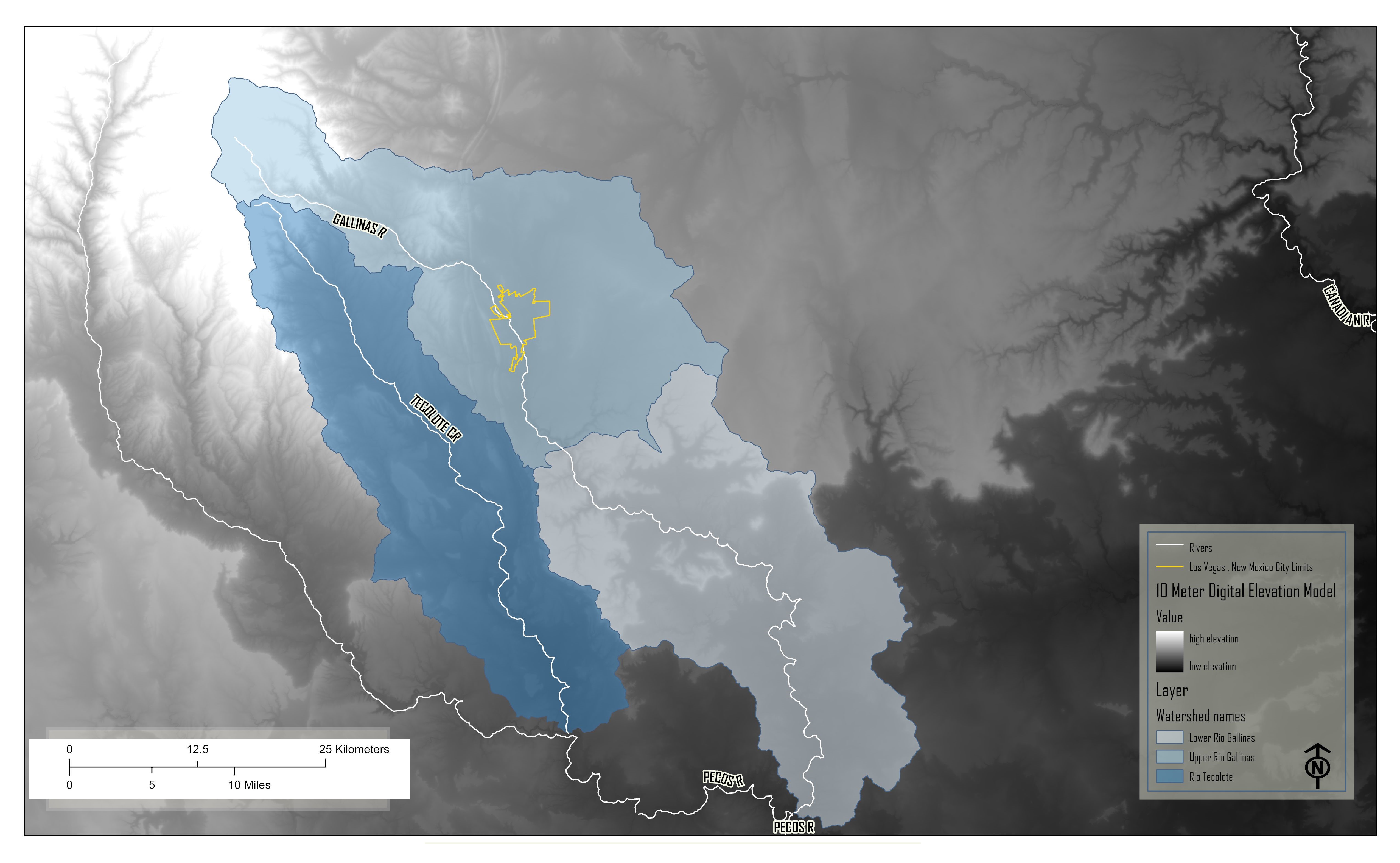 Watersheds of the Las Vegas NM area with rivers over a 10 meter DEM